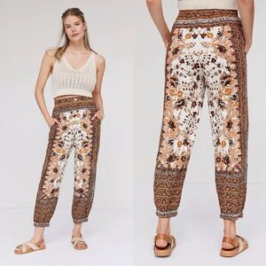 Anthropologie Boho Printed Linen Blend Brown Motif Jogger Pants Size 2